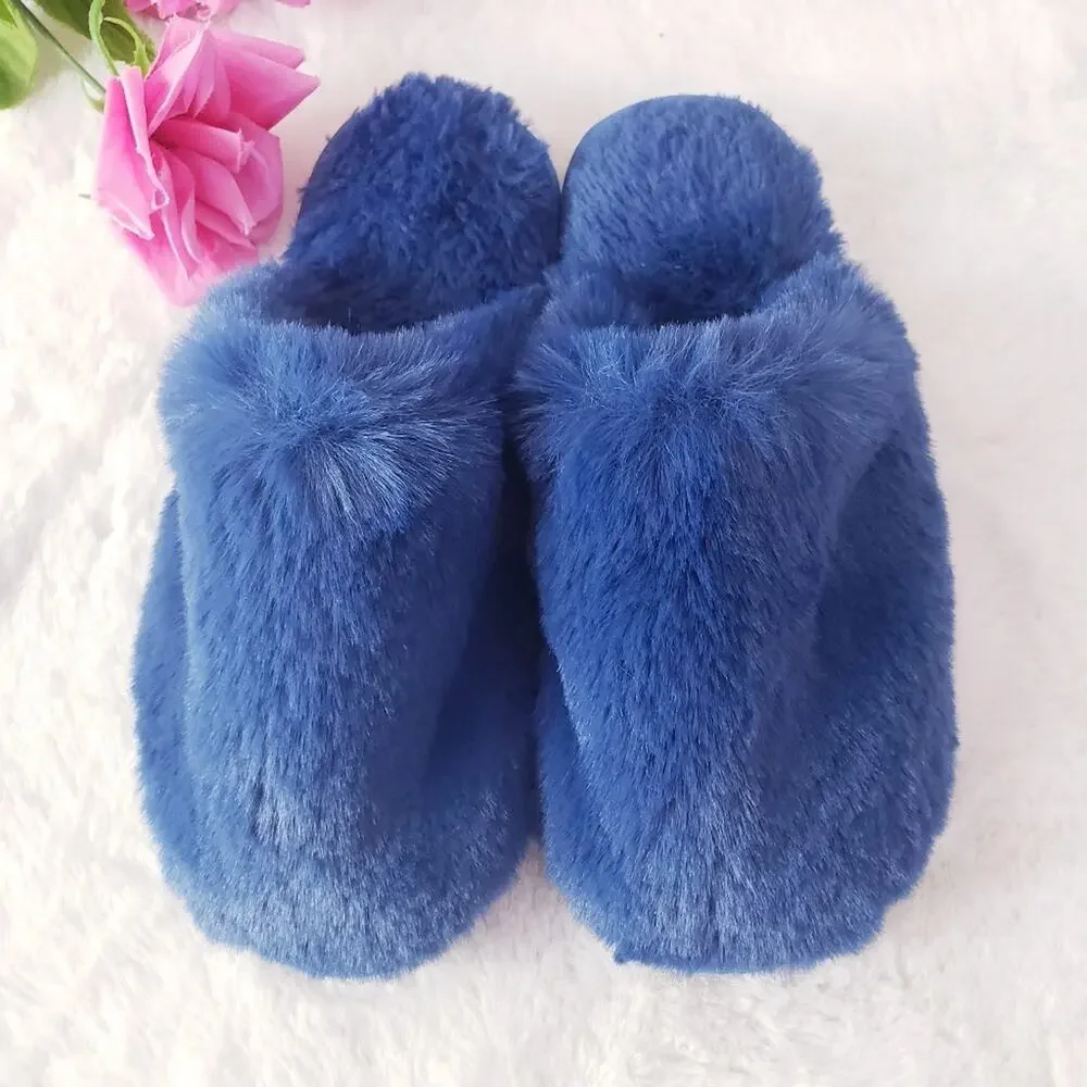 J. Crew Faux Fur House Slippers Navy Blue Plush Fuzzy Hard Sole NEW Women's 7